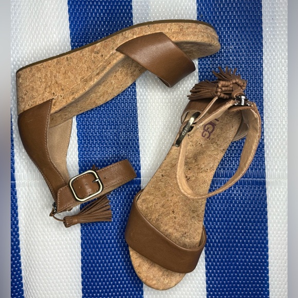 ✨🎉 UGG Zoe Cork & Brown Leather Wedge Sandal Women's size 8 EUC - Picture 1 of 16